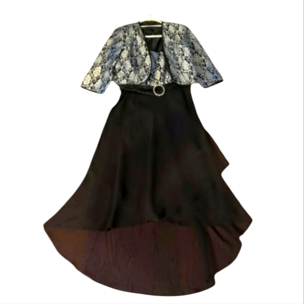 Le Bos Black/Silver Belted High-Low Fit Flare Dress With Short Jacket Sz 10